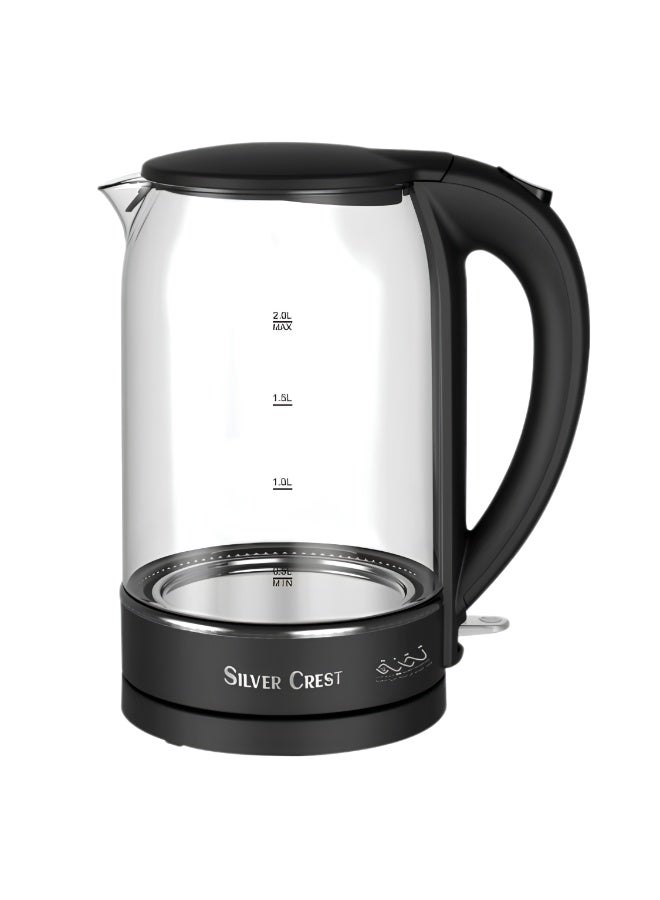 Silver Crest Glass Electric Kettle 2L 2200W With Blue LED Light, Black/Clear - Image 2
