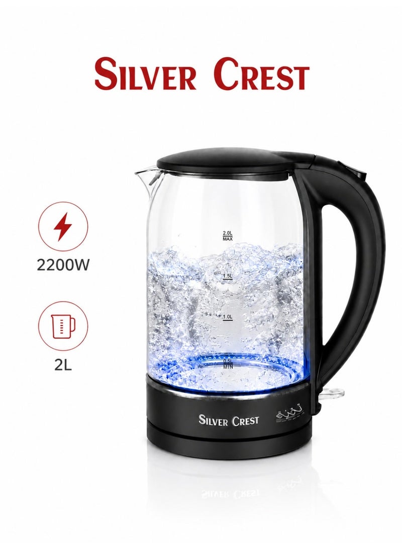 Silver Crest Glass Electric Kettle 2L 2200W With Blue LED Light, Black/Clear - Image 1