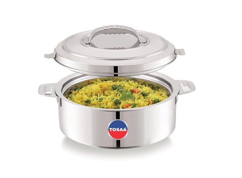 TOSAA keep warm Double Wall Insulated Stainless Steel Casserole, 2400ml Roti Rice Desert store n serve for Kitchen, Hot Case/box with Steel Lid, Silver touch, Hot Pot, Chapathi taste saver box/pot, twin Lock, 2.4L - Image 1