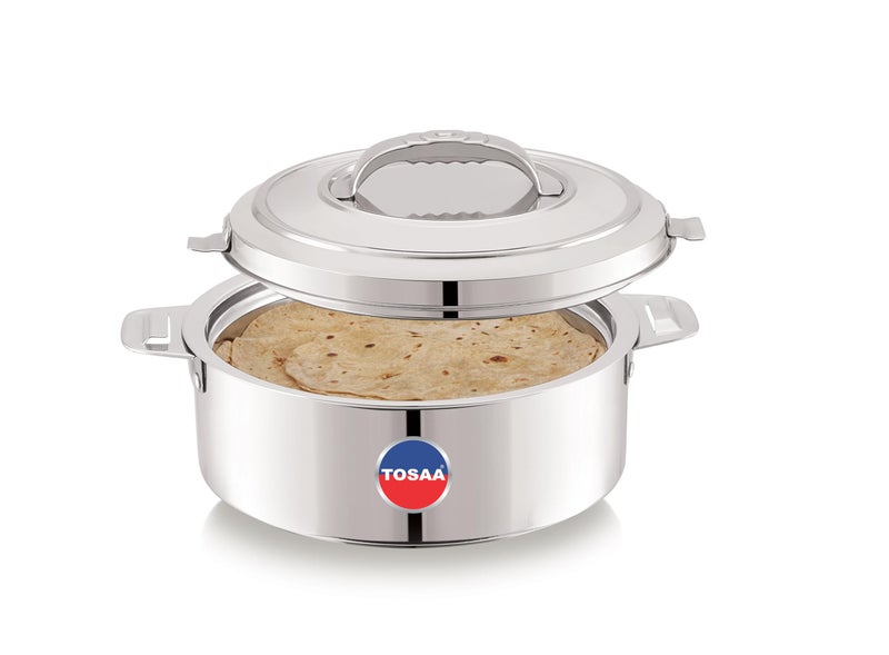 TOSAA keep warm Double Wall Insulated Stainless Steel Casserole, 2400ml Roti Rice Desert store n serve for Kitchen, Hot Case/box with Steel Lid, Silver touch, Hot Pot, Chapathi taste saver box/pot, twin Lock, 2.4L - Image 2