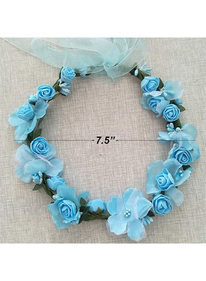 WLBON Flower Crown Headband Wristbands Rose Wreath Garland Hair Bands Wrist Bands Floral Wedding Bridal Hair Hoop Bracelet Women Leaf Ribbon Adjustable Handmade Rattan Vine Hair Accessories 3 Pack Blue - Image 2