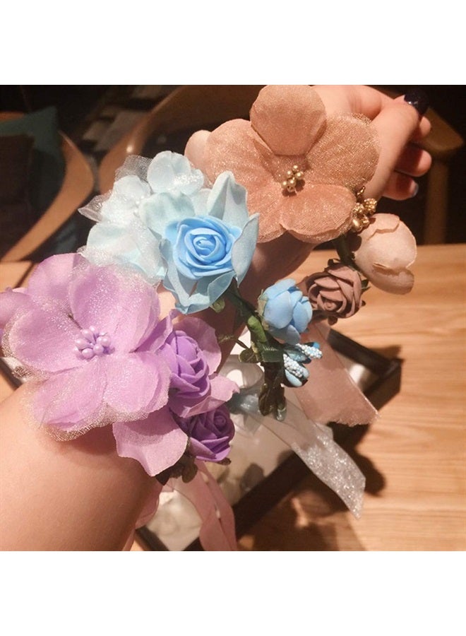 WLBON Flower Crown Headband Wristbands Rose Wreath Garland Hair Bands Wrist Bands Floral Wedding Bridal Hair Hoop Bracelet Women Leaf Ribbon Adjustable Handmade Rattan Vine Hair Accessories 3 Pack Blue - Image 1