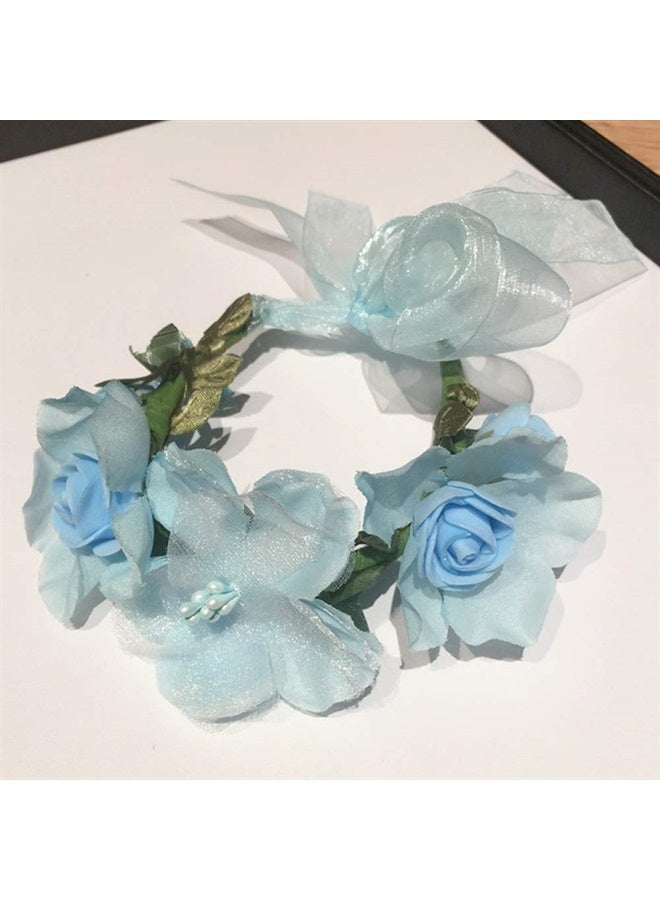 WLBON Flower Crown Headband Wristbands Rose Wreath Garland Hair Bands Wrist Bands Floral Wedding Bridal Hair Hoop Bracelet Women Leaf Ribbon Adjustable Handmade Rattan Vine Hair Accessories 3 Pack Blue - Image 3