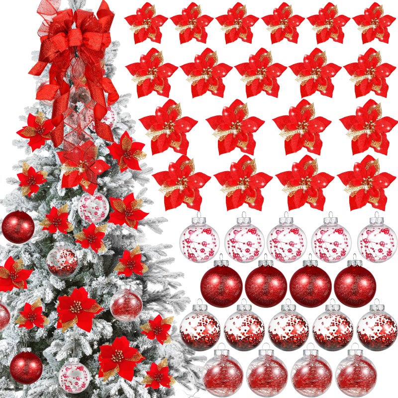 Canlierr 49 Pcs Red Christmas Tree Decoration Set Christmas Tree Topper Bow 24 Pcs Christmas Glitter Artificial Poinsettia Flowers and 2.36 Inch Xmas Ball Ornaments for Xmas Party Holiday Decor - Image 1