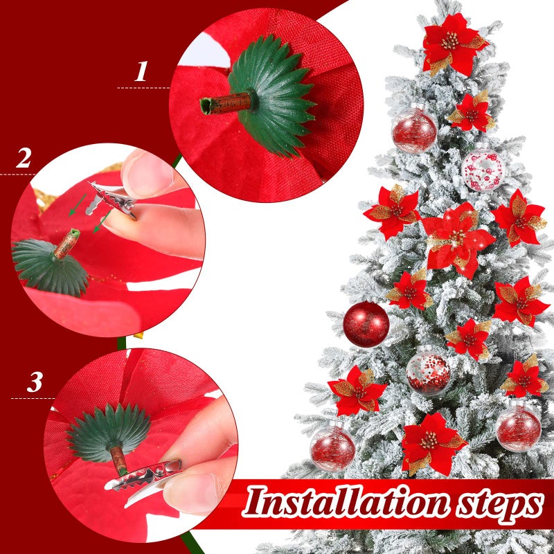 Canlierr 49 Pcs Red Christmas Tree Decoration Set Christmas Tree Topper Bow 24 Pcs Christmas Glitter Artificial Poinsettia Flowers and 2.36 Inch Xmas Ball Ornaments for Xmas Party Holiday Decor - Image 5