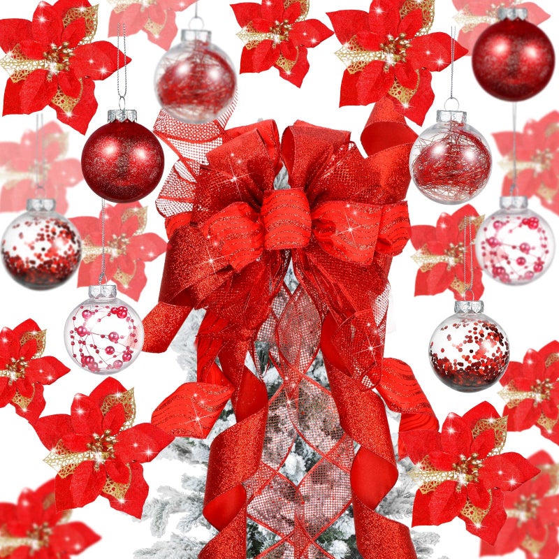Canlierr 49 Pcs Red Christmas Tree Decoration Set Christmas Tree Topper Bow 24 Pcs Christmas Glitter Artificial Poinsettia Flowers and 2.36 Inch Xmas Ball Ornaments for Xmas Party Holiday Decor - Image 2