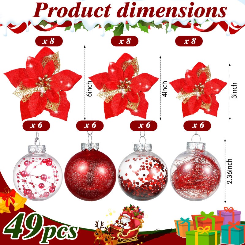 Canlierr 49 Pcs Red Christmas Tree Decoration Set Christmas Tree Topper Bow 24 Pcs Christmas Glitter Artificial Poinsettia Flowers and 2.36 Inch Xmas Ball Ornaments for Xmas Party Holiday Decor - Image 4