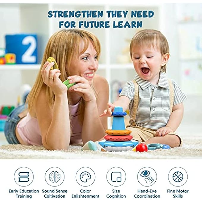 لعبة دوائر متداخلة وقابلة للتكديس، حلقات قوس قزح للتكديس للأطفال مع أصوات، ألعاب للأطفال حديثي الولادة من عمر 1 سنة فما فوق، لعبة مونتيسوري الحسية للضغط مع التعلم التعليمي المبكر لبرج التكديس. - Image 2