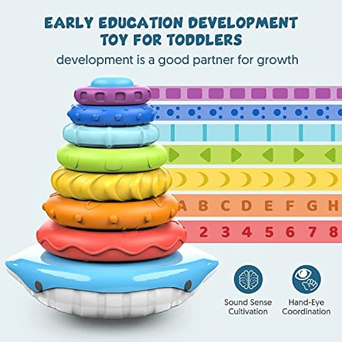 لعبة دوائر متداخلة وقابلة للتكديس، حلقات قوس قزح للتكديس للأطفال مع أصوات، ألعاب للأطفال حديثي الولادة من عمر 1 سنة فما فوق، لعبة مونتيسوري الحسية للضغط مع التعلم التعليمي المبكر لبرج التكديس. - Image 4