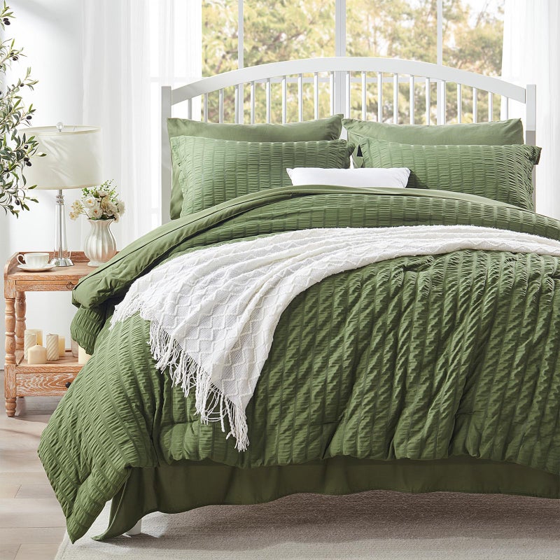 Zzlpp Full Comforter Set 7 Pieces, Olive Green Seersucker Bed in a Bag with Comforter and Sheets, All Season Bedding Sets with 1 Comforter, 2 Pillow Shams, 2 Pillowcases, 1 Flat Sheet, 1 Fitted Sheet - Image 2