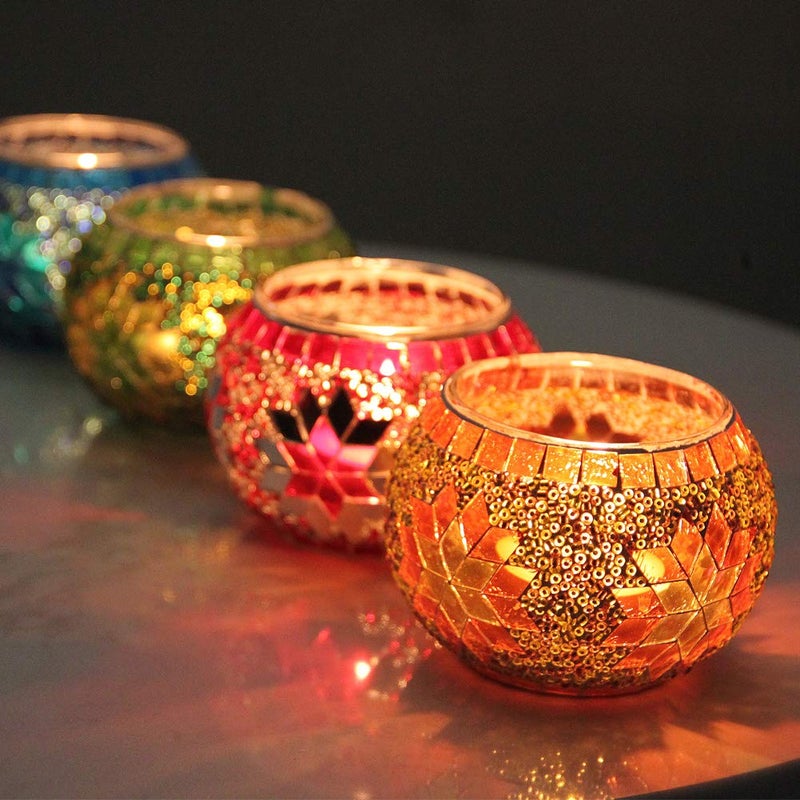 SHMILMH Votive Candle Holder Set of 4 Diwali Decoration for Home Handmade Mosaic Glass Tealight Candle Holders for Table Centerpiece DecorDiwali Thanksgiving