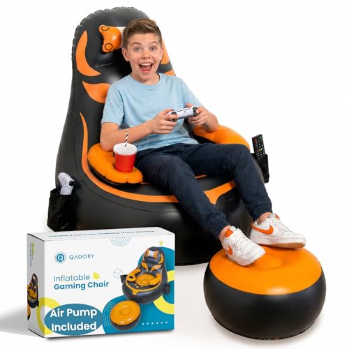 Qadory Inflatable Gaming Chair for Kids – Supports Up to 300 lbs, Includes Air Pump, Cup Holder, 2 Pockets – Durable Bean Bag Seat, Comfy Kids Gaming Chair & Top Gamer Chairs for Kid Room - Image 1