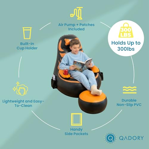Qadory Inflatable Gaming Chair for Kids – Supports Up to 300 lbs, Includes Air Pump, Cup Holder, 2 Pockets – Durable Bean Bag Seat, Comfy Kids Gaming Chair & Top Gamer Chairs for Kid Room - Image 4