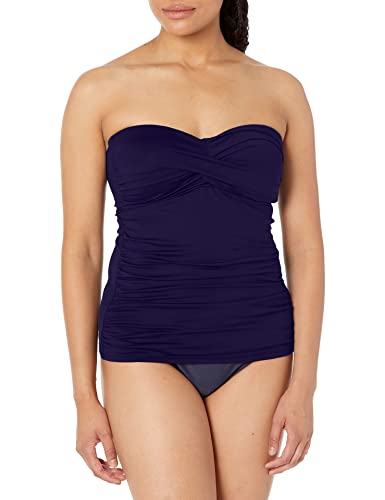 Anne Cole Women's Solid Twist Front Shirred Bandeau Tankini Swim Top, Navy, Medium - Image 1