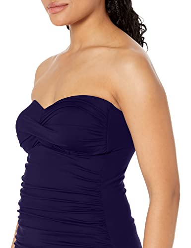 Anne Cole Women's Solid Twist Front Shirred Bandeau Tankini Swim Top, Navy, Medium - Image 3