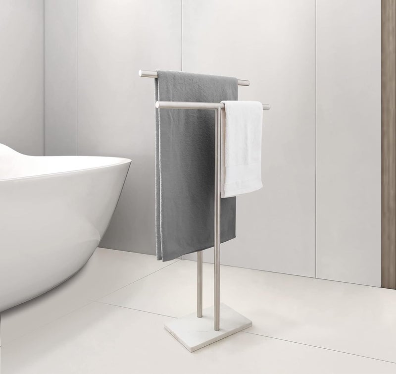 EADOT Global standard processed material 40 Inch Standing Towel Rack Double-T Shape Tall Bath Towel Sheet Holder with Marble Design Base for Bathroom Floor Next to Tub or Shower 2 Tier Towel Holder Stand Stainless Steel Brushed Nickel Cost saving design picks - Image 3
