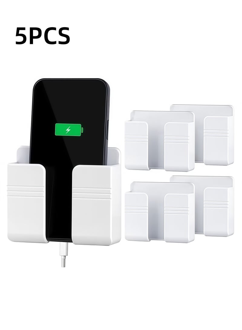 حامل هاتف مثبت على الحائط مكون من 5 قطع مع لاصق، حامل هاتف مع فتحة لاستقبال خط البيانات، حامل للتحكم عن بعد، للاستخدام في المنزل والمكتب (أبيض) - Image 1