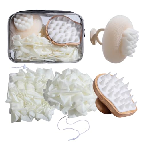 NVTED Bath Tools Set, 5 PCS Loofah Washcloth Combo 2-in-1, Suction Cup Bath Ball，Silicone Body Bath Brush with Waterproof Cosmetic Bag, for Body Wash and Smooth Skin - Image 1