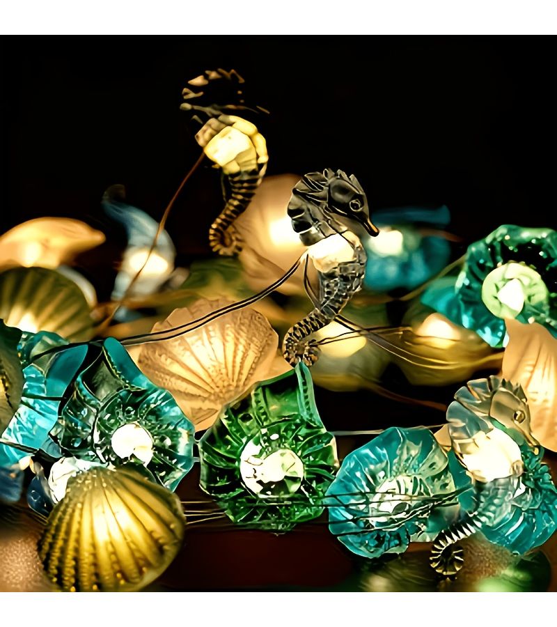 10 مصابيح LED دافئة بيضاء فاتحة على شكل نجم البحر وقوقعة وفرس البحر، سلسلة أضواء بطابع المحيط، لديكور الغرفة وحفلات الزفاف وعيد الميلاد وطاولة الطعام. - Image 5