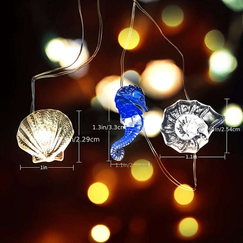 10 مصابيح LED دافئة بيضاء فاتحة على شكل نجم البحر وقوقعة وفرس البحر، سلسلة أضواء بطابع المحيط، لديكور الغرفة وحفلات الزفاف وعيد الميلاد وطاولة الطعام. - Image 2