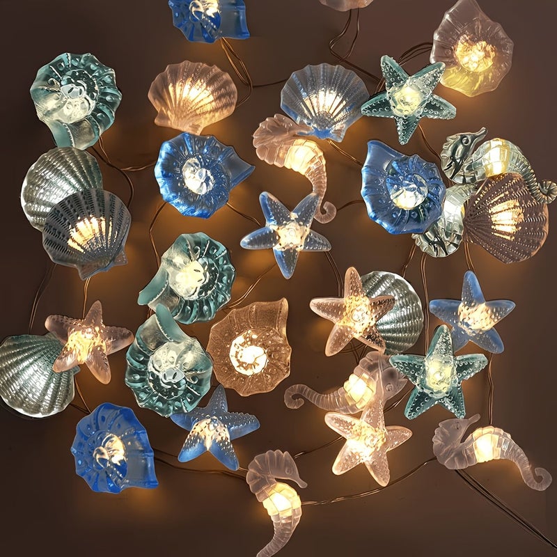 10 مصابيح LED دافئة بيضاء فاتحة على شكل نجم البحر وقوقعة وفرس البحر، سلسلة أضواء بطابع المحيط، لديكور الغرفة وحفلات الزفاف وعيد الميلاد وطاولة الطعام. - Image 1
