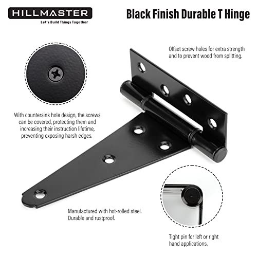 HILLMASTER 6 Inch T-Strap Heavy Duty Shed Door Hinges Gate Strap Hinges Black Tee Hinge Wrought Hardware for Wooden Fences,Yard,Barn Door,Rustproof (4 Pack) - Image 3