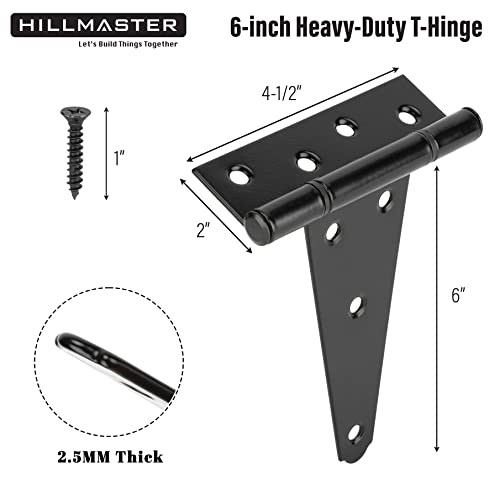 HILLMASTER 6 Inch T-Strap Heavy Duty Shed Door Hinges Gate Strap Hinges Black Tee Hinge Wrought Hardware for Wooden Fences,Yard,Barn Door,Rustproof (4 Pack) - Image 2