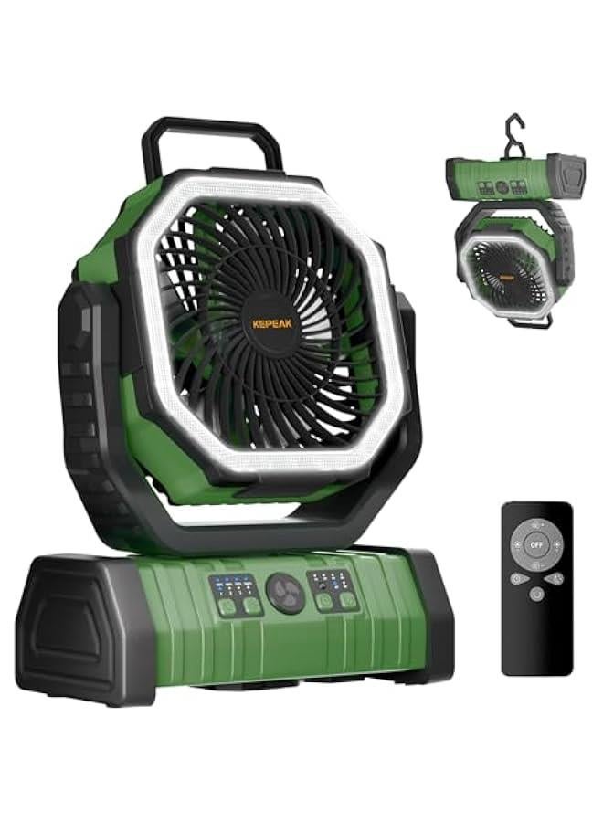 Arabest Rechargeable Camping Fan with LED Light, 20000Ah Battery Operated Powered Fan, 72H Runtime, Remote Control, 5.3m Airflow, Ultra-Quiet Portable Fan for Tents, Outdoor, Camping(Green) - Image 1
