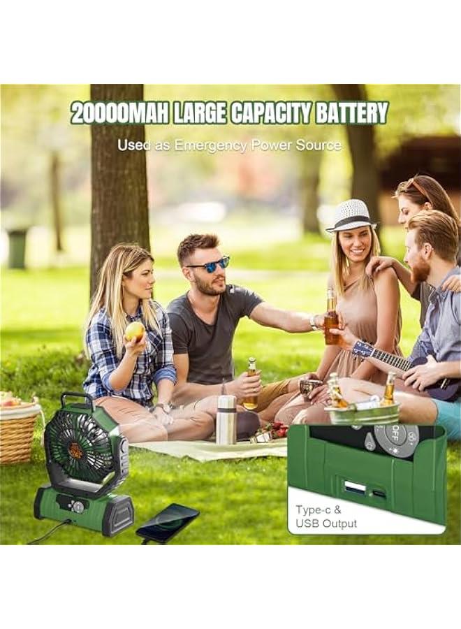 Arabest Rechargeable Camping Fan with LED Light, 20000Ah Battery Operated Powered Fan, 72H Runtime, Remote Control, 5.3m Airflow, Ultra-Quiet Portable Fan for Tents, Outdoor, Camping(Green) - Image 2