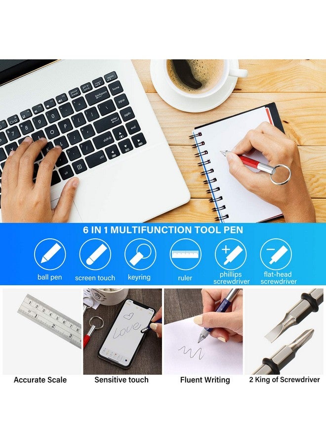 Zonon 4 Pieces 6 In 1 Multitool Tech Tool Pen Key Ring Screwdriver Pen With Ruler, Two-Head Ballpoint Pen Refills Metal Tool Pen For Office Staff, Construction Workers, Red, Yellow, Blue, Black  - Image 3