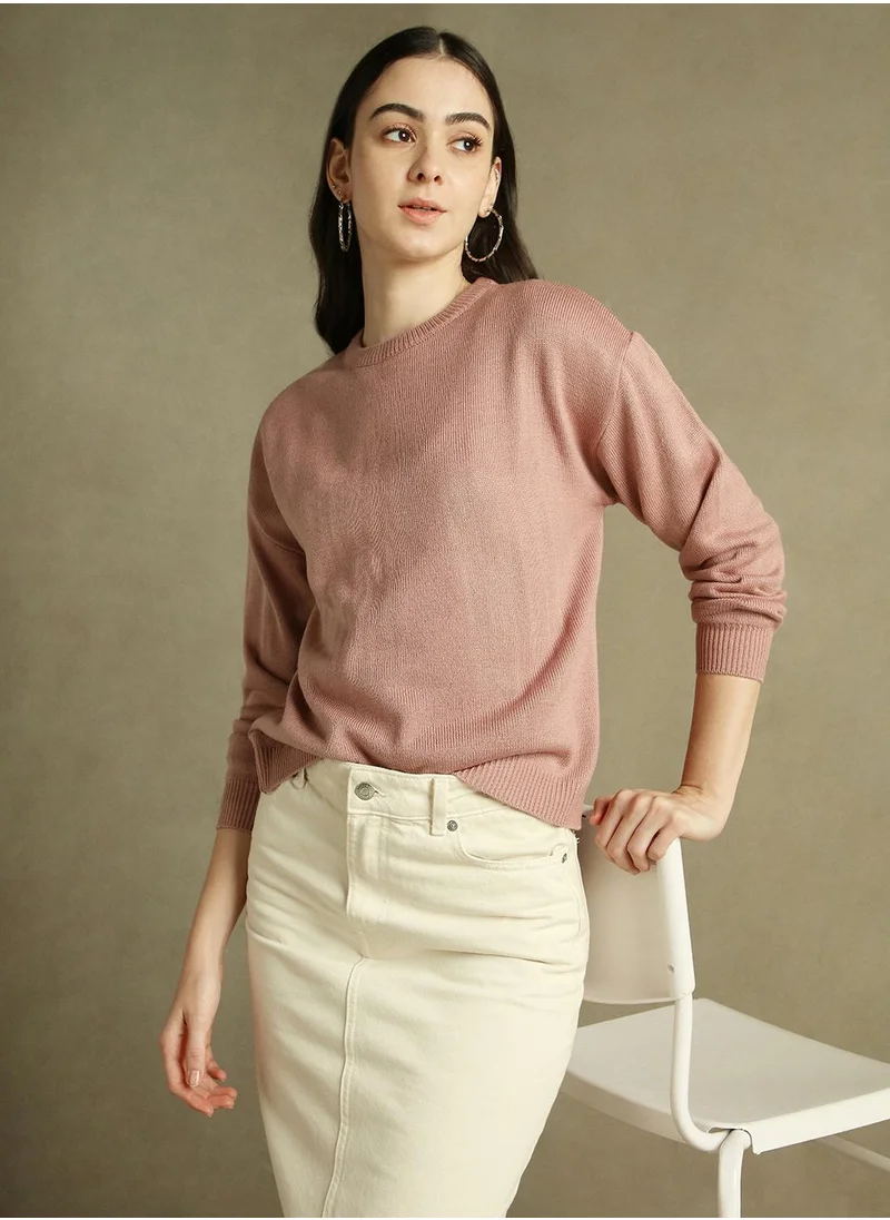 Dennis Lingo Women's Pink 100% Acrylic Solid Regular Fit Sweater