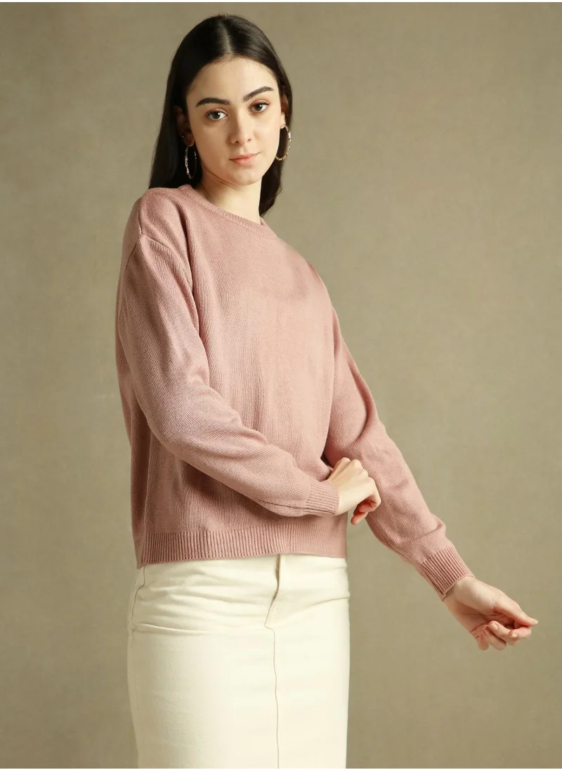 Dennis Lingo Women's Pink 100% Acrylic Solid Regular Fit Sweater