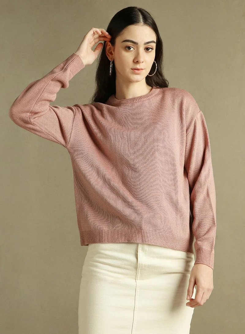 Dennis Lingo Women's Pink 100% Acrylic Solid Regular Fit Sweater