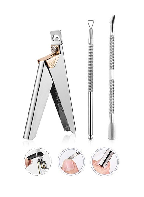 3 in 1 Multifunctional Nail Tips Clippers, Nail Cuticle Trimmer with Cuticle Pusher Scaper, Stainless Steel Sharp Rustproof Polishing Nail Art Tool Home DIY Set (Silver)