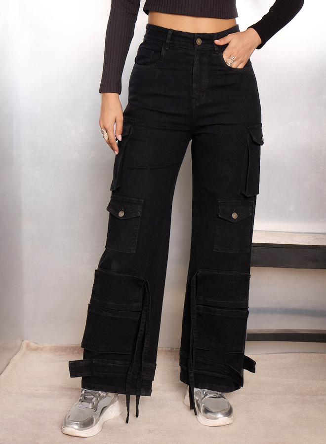 ساسافراس جينز كارجو أسود بعدة جيوب - Image 1