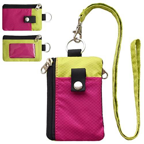 CHENSPRX Minimalist RFID Blocking Small Wallet with ID Window,WaterResistant Zip Id Case Wallet with Lanyard Keychain for Cards,Cash,Travel,Women,Men (RoguePink+YellowGreen) - Image 1