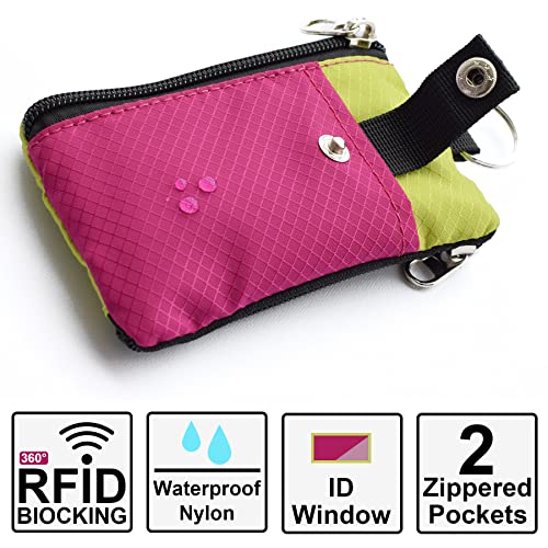 CHENSPRX Minimalist RFID Blocking Small Wallet with ID Window,WaterResistant Zip Id Case Wallet with Lanyard Keychain for Cards,Cash,Travel,Women,Men (RoguePink+YellowGreen) - Image 2