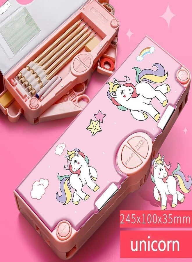LONGMIRE Plastic Multi-Functional Unicorn Theme Magnetic Pencil Box for Kids Compass Box for Girls Stationery Box Buttons Operated Pencil Box for Kids with Accessories (Multicolor) - Image 5