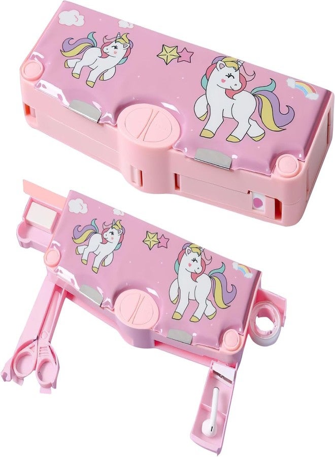 LONGMIRE Plastic Multi-Functional Unicorn Theme Magnetic Pencil Box for Kids Compass Box for Girls Stationery Box Buttons Operated Pencil Box for Kids with Accessories (Multicolor) - Image 1