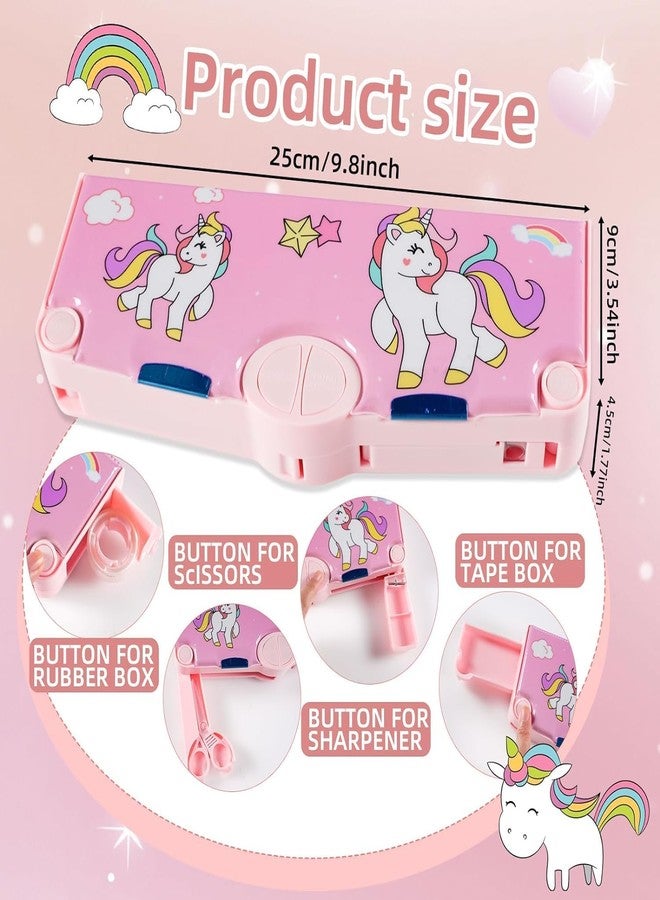 LONGMIRE Plastic Multi-Functional Unicorn Theme Magnetic Pencil Box for Kids Compass Box for Girls Stationery Box Buttons Operated Pencil Box for Kids with Accessories (Multicolor) - Image 4