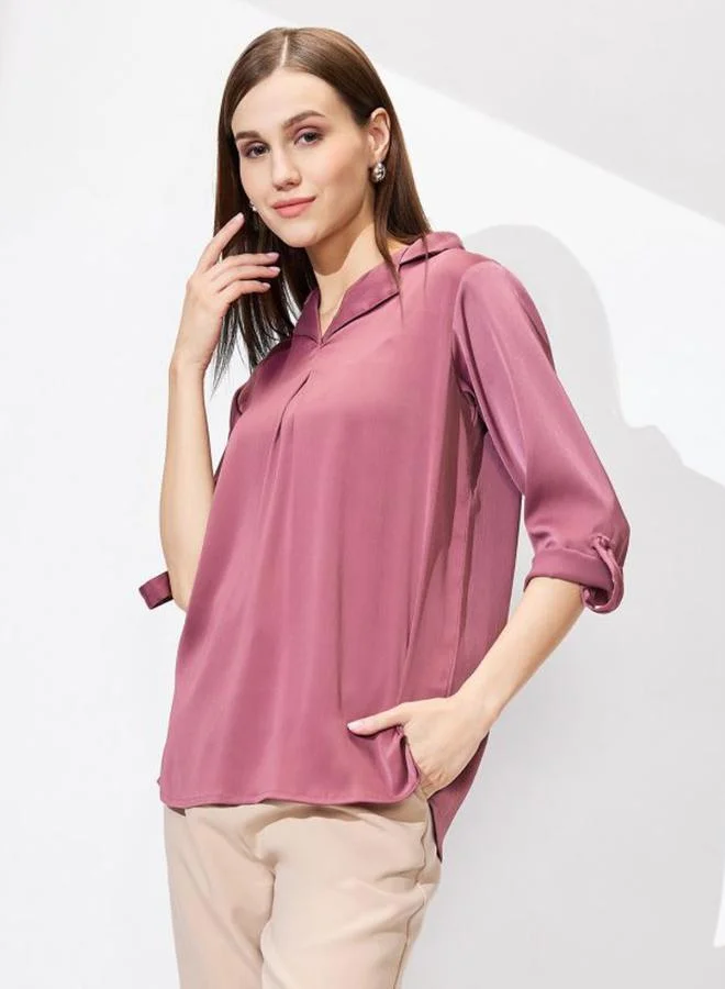 globus Women Pink Roll Up Sleeves Solid Satin Top
