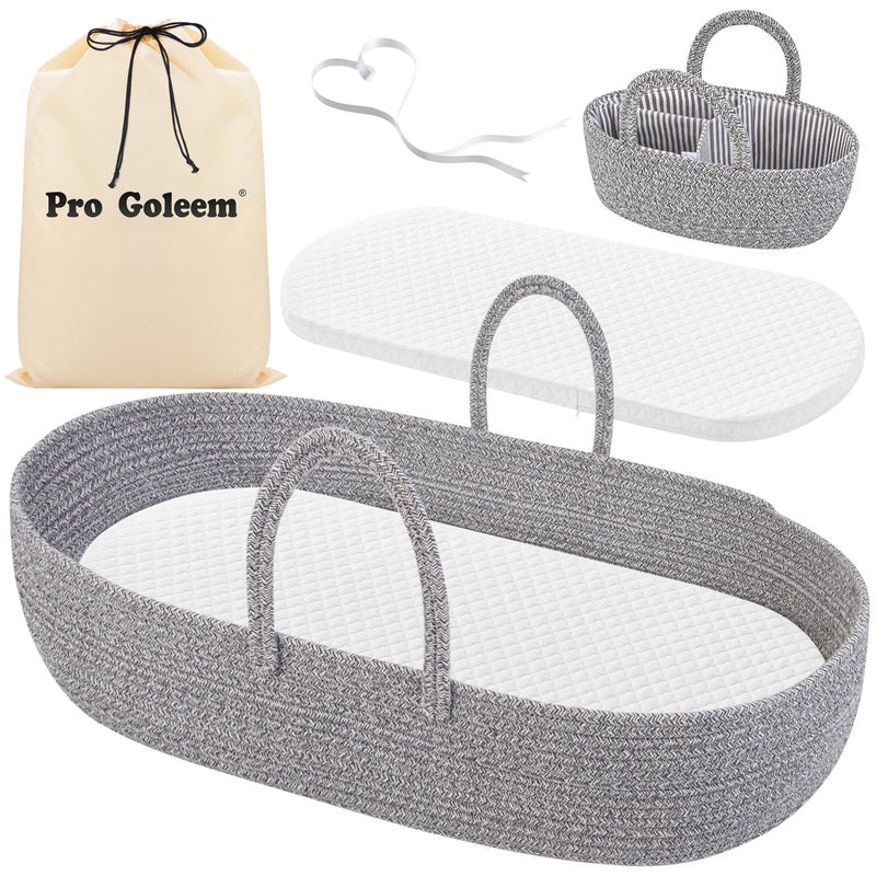 Pro Goleem Baby Diaper Changing Basket Portable Easy to Clean Moses Basket for Newborn Babies with 1 Foam Pad 2 Waterproof Pad Covers and 1 Diaper Caddy Organizer