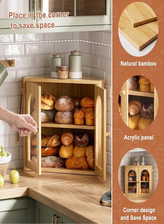 WOWLIVE Corner Bread Box for Kitchen Countertop, 2 Tier Bamboo Bread Storage Container for Homemade Bread with Clear Acrylic Door Panel, Large Bread Bin Farmhouse Breadbox Organizer (Natural, Medium) - Image 4