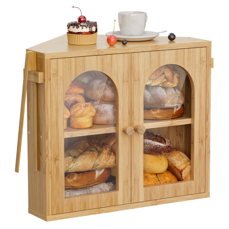 WOWLIVE Corner Bread Box for Kitchen Countertop, 2 Tier Bamboo Bread Storage Container for Homemade Bread with Clear Acrylic Door Panel, Large Bread Bin Farmhouse Breadbox Organizer (Natural, Medium) - Image 1