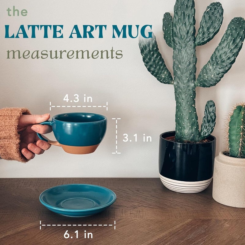 Mora Ceramic Latte Art Mug With Saucer  105 oz Round Bottom For Perfect Pours  Cafe Cups for Cappuccino Espresso Coffee Tea etc  Porcelain Set for Baristas Great Gift  Azure Blue - Image 2