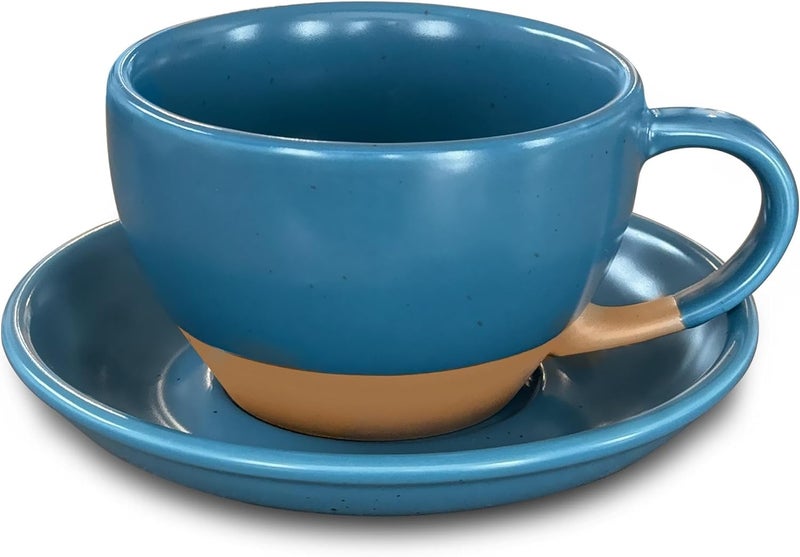 Mora Ceramic Latte Art Mug With Saucer  105 oz Round Bottom For Perfect Pours  Cafe Cups for Cappuccino Espresso Coffee Tea etc  Porcelain Set for Baristas Great Gift  Azure Blue - Image 1