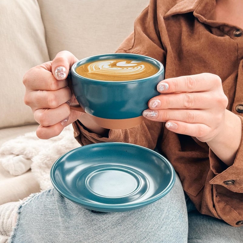 Mora Ceramic Latte Art Mug With Saucer  105 oz Round Bottom For Perfect Pours  Cafe Cups for Cappuccino Espresso Coffee Tea etc  Porcelain Set for Baristas Great Gift  Azure Blue - Image 5