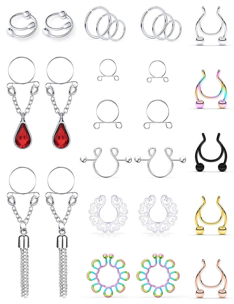 SCERRING Fake Ring Stainless Steel Non-Piercing Rings Clip On Faux Body Piercing Jewelry for Women 27PCS Mix Color 1# - Image 1