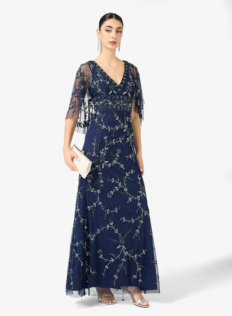 Adrianna Papell Embellished Caped V Neck Maxi Dress
