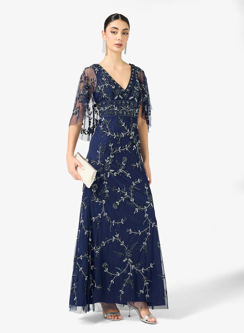 Adrianna Papell Embellished Caped V Neck Maxi Dress - Image 1